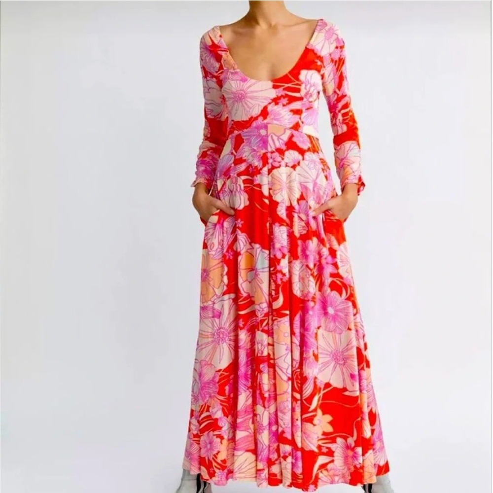 Free People First Date Jersey Maxi Dress XL Pockets Cherry Combo Bloomcore Pink - Picture 2 of 14